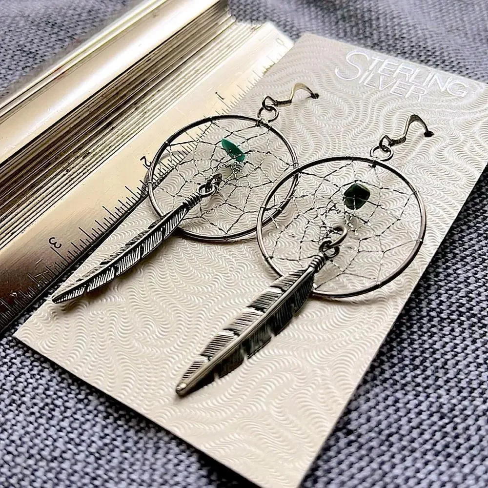 Vintage-New Bohemian Dreamcatcher Earrings - Sterling Silver and Turquoise‎